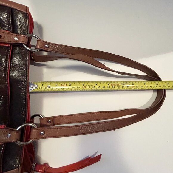 - La Diva Patent  Leather Orange Brown Color Block Handbag, The East/West … - Picture 10 of 17